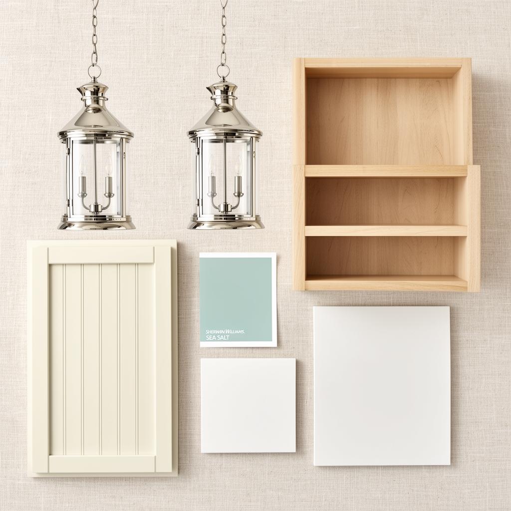 Classic Coastal moodboard with polished nickel and light oak textures