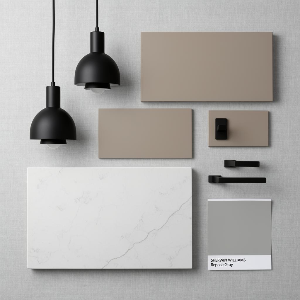 Modern Transitional moodboard with matte black fixtures and soft taupe flat panel cabinets