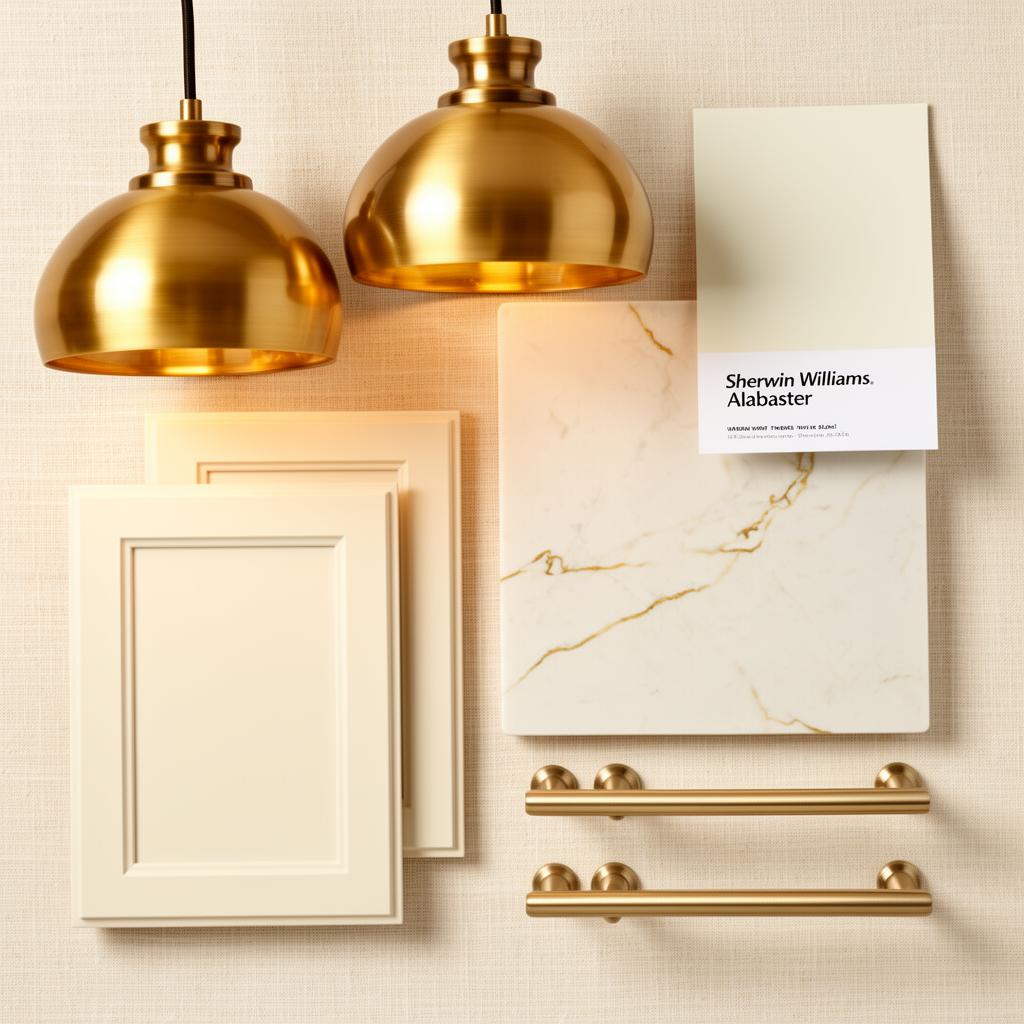 Traditional Warmth moodboard with warm brass fixtures and creamy white shaker cabinets